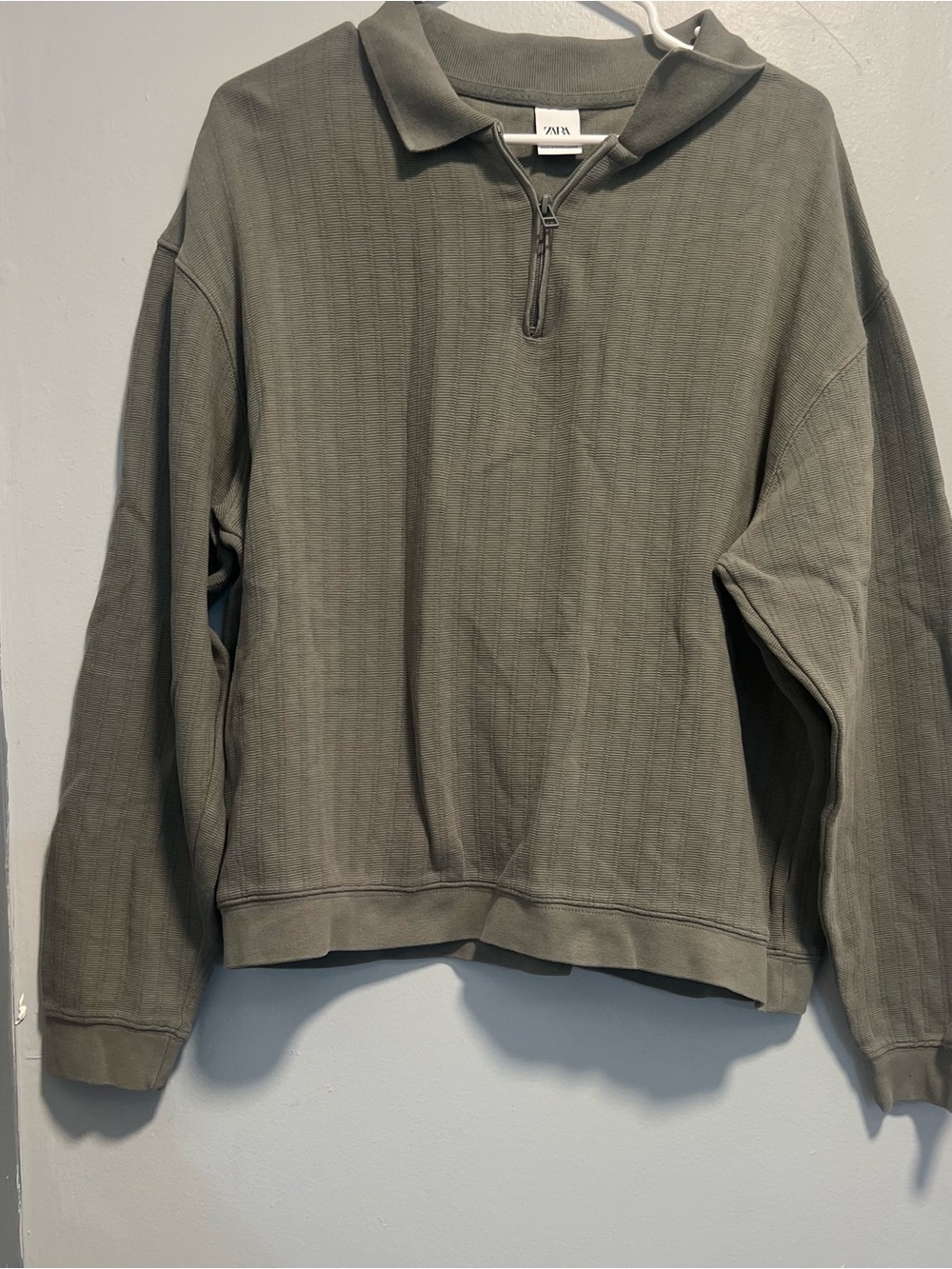 ZARA Olive Zip-Collar Ribbed Pullover Sweater size L